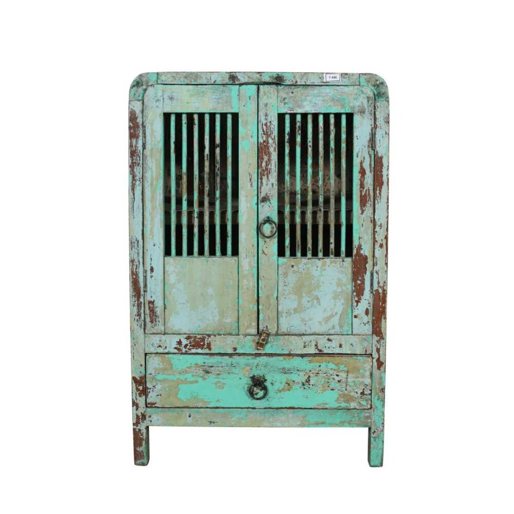 Antique Distressed Aqua Green Indian Teak Jali Almirah – 1920s Kitchen or Bathroom Cabinet - Image 3