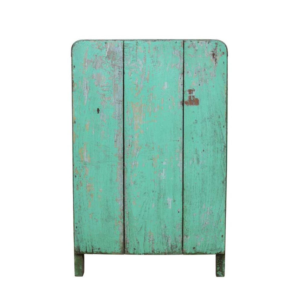 Antique Distressed Aqua Green Indian Teak Jali Almirah – 1920s Kitchen or Bathroom Cabinet - Image 2