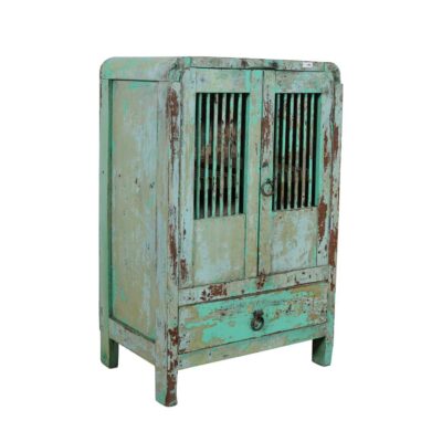 Antique Distressed Aqua Green Indian Teak Jali Almirah – 1920s Kitchen or Bathroom Cabinet