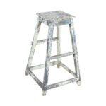 Antique Indian Weathered Blue & White Teak Artists Stool - 1920s Rustic Step Ladder