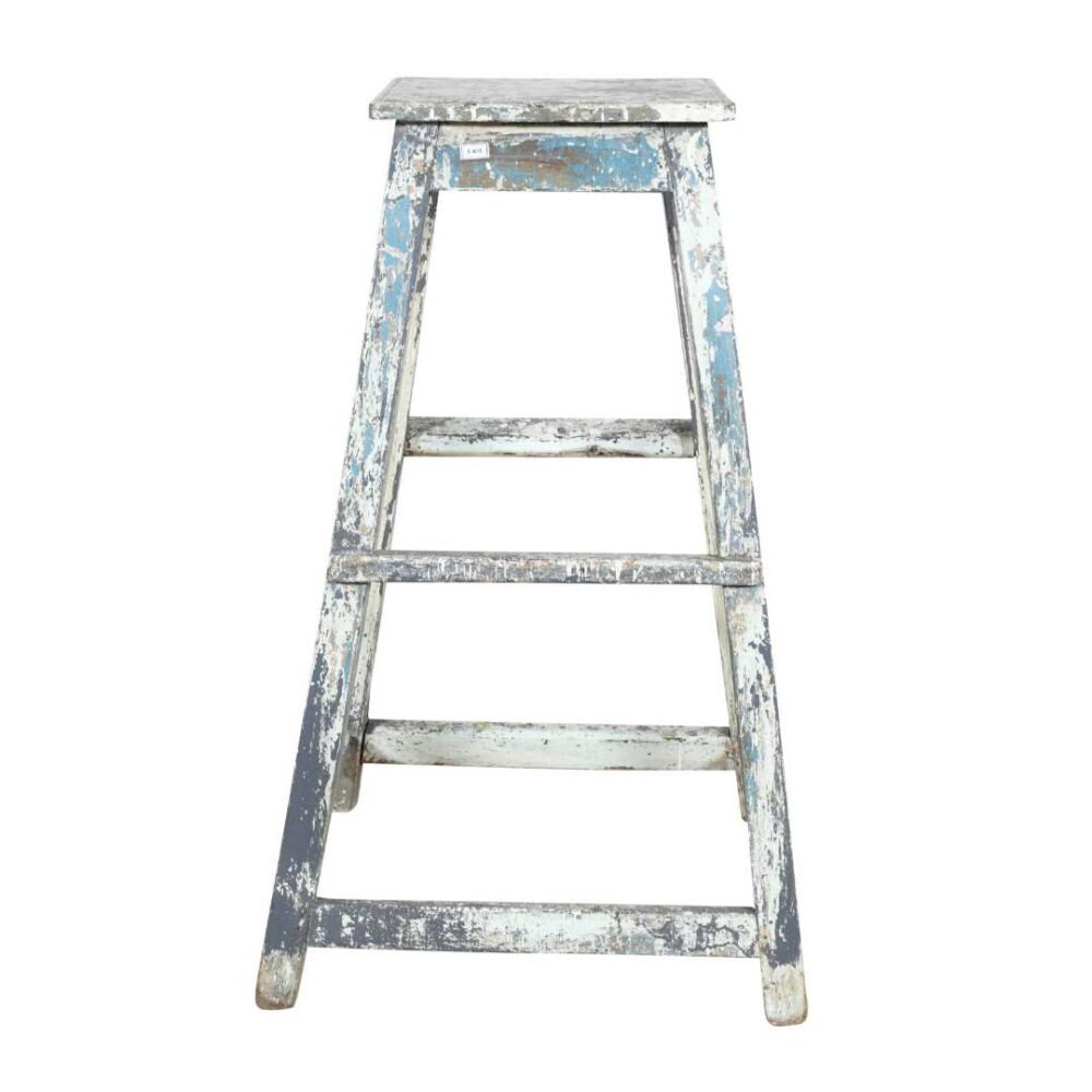 Antique Indian Weathered Blue & White Teak Artists Stool - 1920s Rustic Step Ladder - Image 4