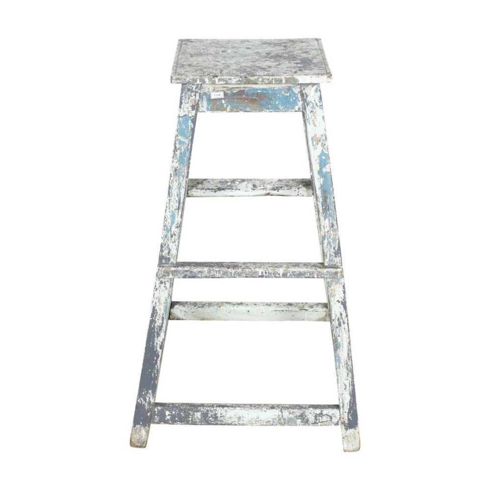 Antique Indian Weathered Blue & White Teak Artists Stool - 1920s Rustic Step Ladder - Image 3