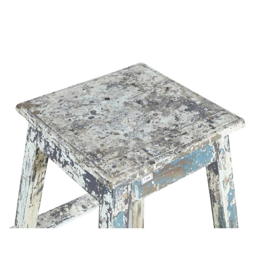 Antique Indian Weathered Blue & White Teak Artists Stool - 1920s Rustic Step Ladder - Image 2