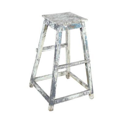 Antique Indian Weathered Blue & White Teak Artists Stool - 1920s Rustic Step Ladder