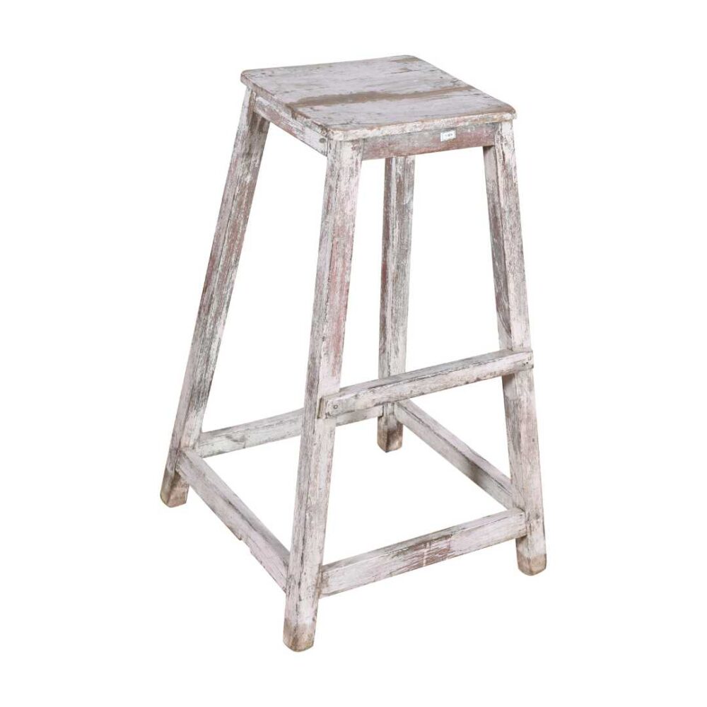 Antique Indian Teak Artists Stool with Distressed White & Pink Patina – 1920s Vintage