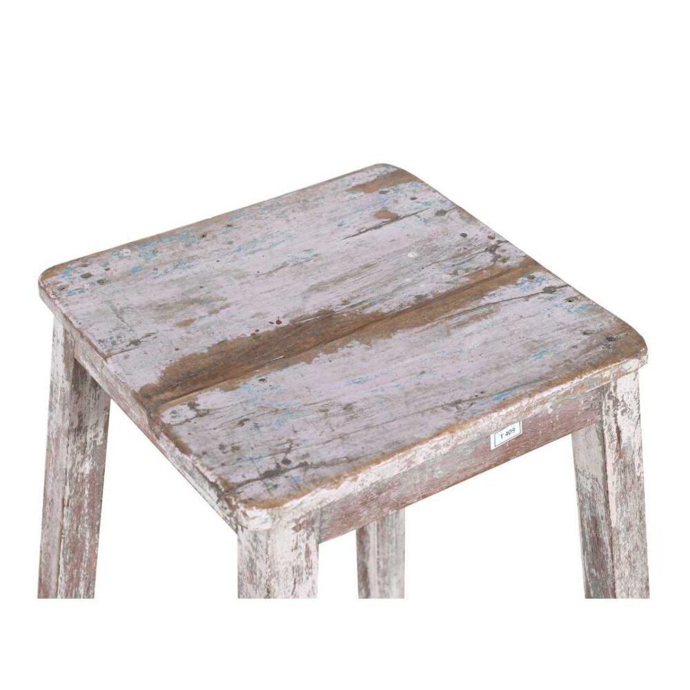 Antique Indian Teak Artists Stool with Distressed White & Pink Patina – 1920s Vintage - Image 2