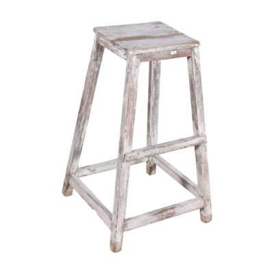 Antique Indian Teak Artists Stool with Distressed White & Pink Patina – 1920s Vintage