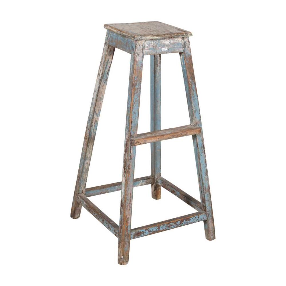 Antique Indian Teak Artists Stool with Distressed Blue Patina – 1920s Vintage