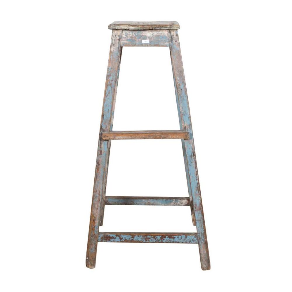 Antique Indian Teak Artists Stool with Distressed Blue Patina – 1920s Vintage - Image 4
