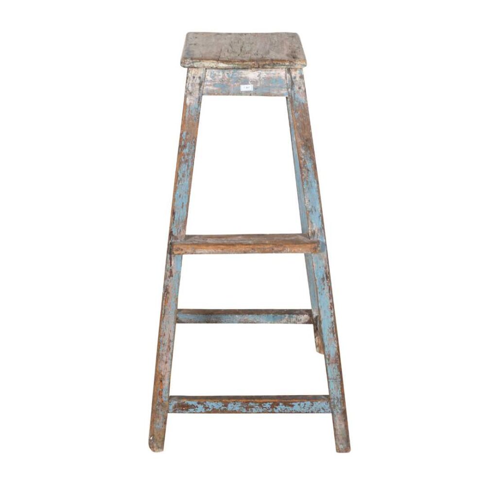Antique Indian Teak Artists Stool with Distressed Blue Patina – 1920s Vintage - Image 3