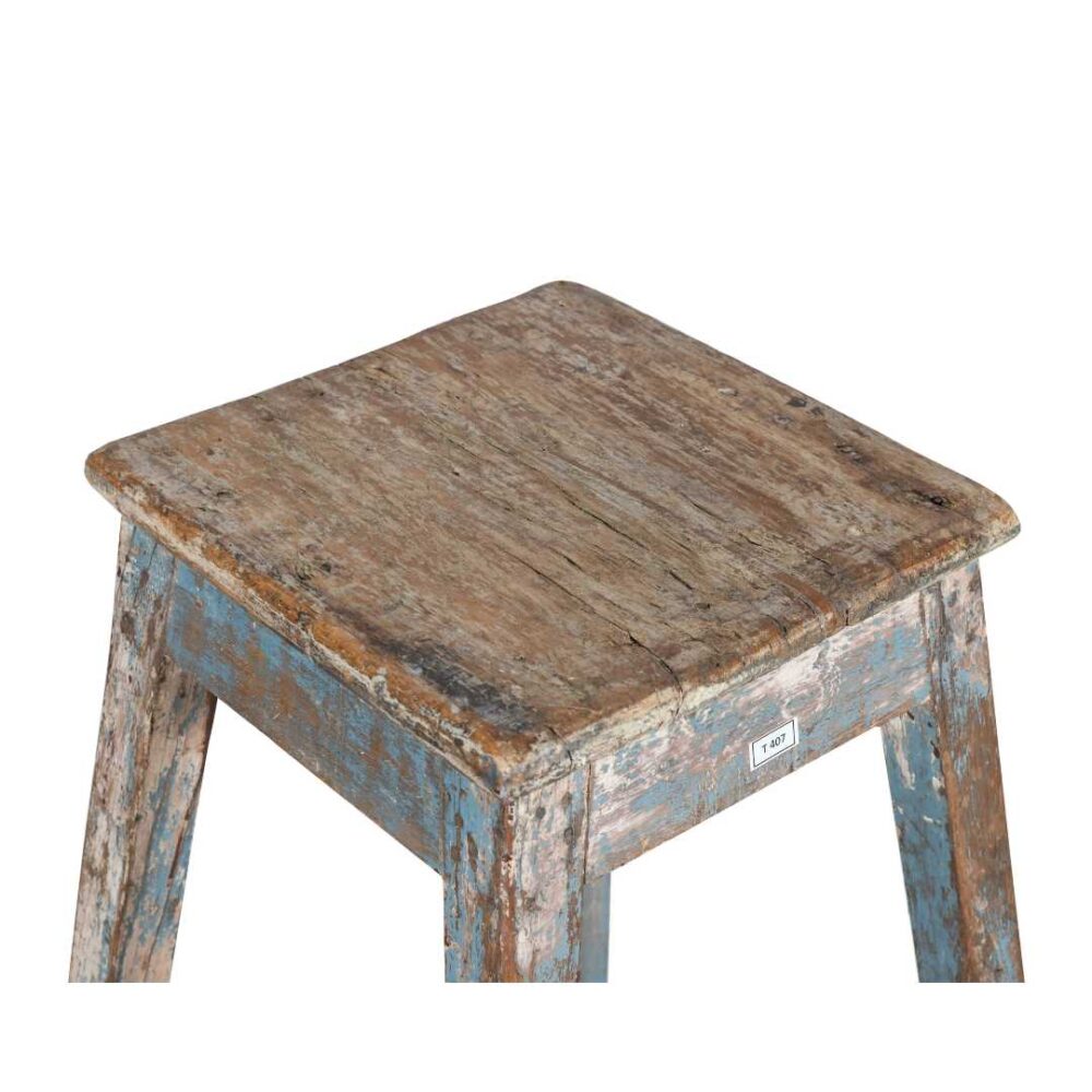 Antique Indian Teak Artists Stool with Distressed Blue Patina – 1920s Vintage - Image 2
