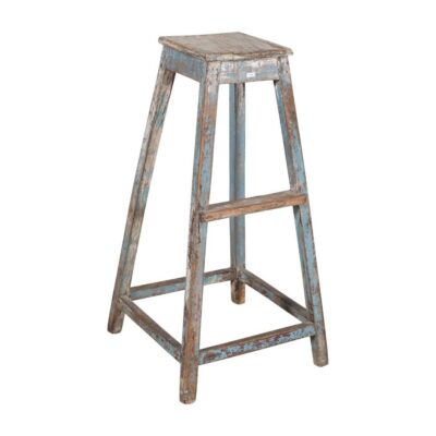Antique Indian Teak Artists Stool with Distressed Blue Patina – 1920s Vintage