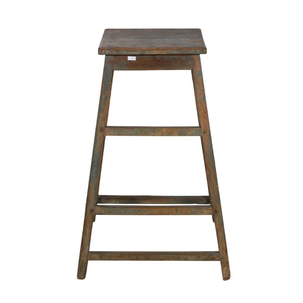 Antique Indian Teak Artists Stool with Weathered Green Patina – 1920s Vintage - Image 3