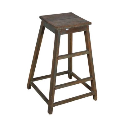 Antique Indian Teak Artists Stool with Weathered Green Patina – 1920s Vintage