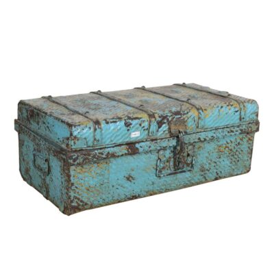 Vintage Indian Iron Train Travel Chest – Distressed Turquoise Blue Painted Coffee Table, c.1930