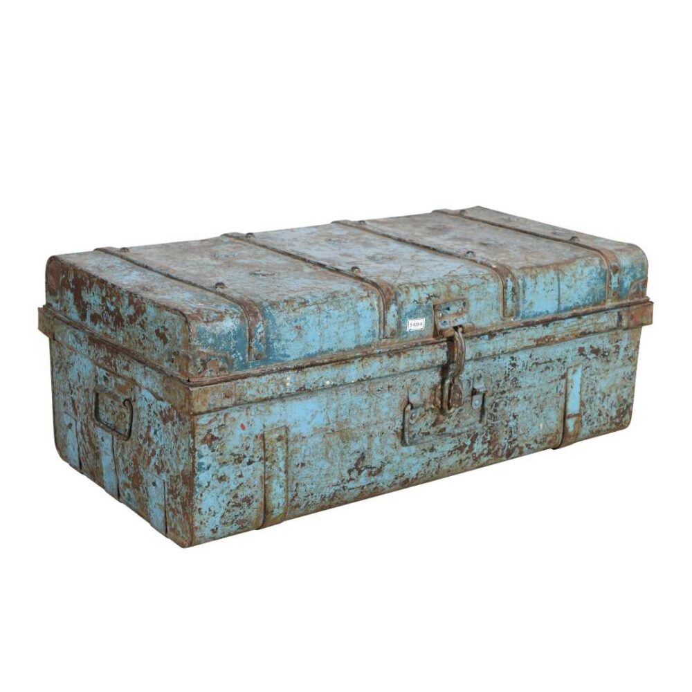 Vintage Indian Iron Train Travel Chest – Distressed Sky Blue & Rust Painted Coffee Table, c.1930