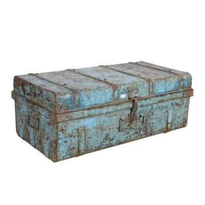 Vintage Indian Iron Train Travel Chest – Distressed Sky Blue & Rust Painted Coffee Table, c.1930