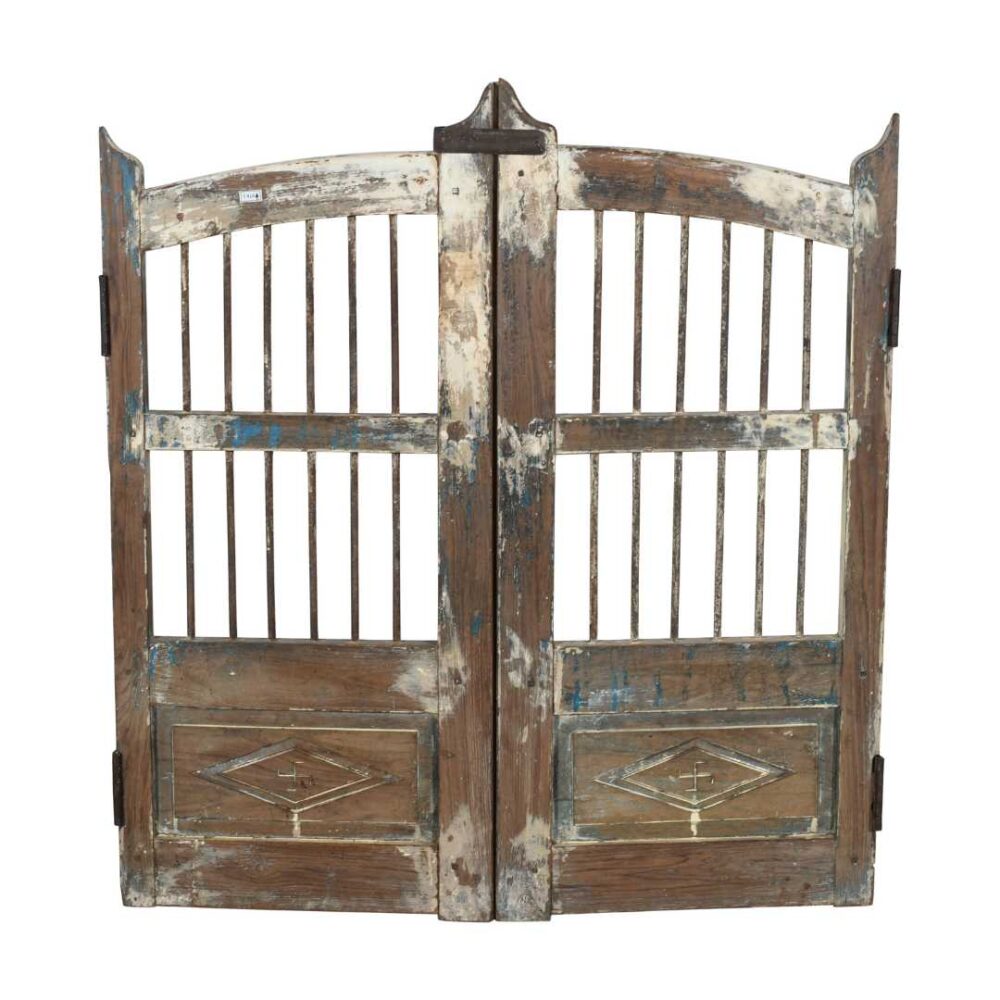 Antique Indian Teak Dog Gates – Distressed White, Blue & Natural Patina, Gujarat c.1880