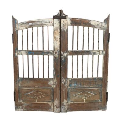 Antique Indian Teak Dog Gates – Distressed White, Blue & Natural Patina, Gujarat c.1880