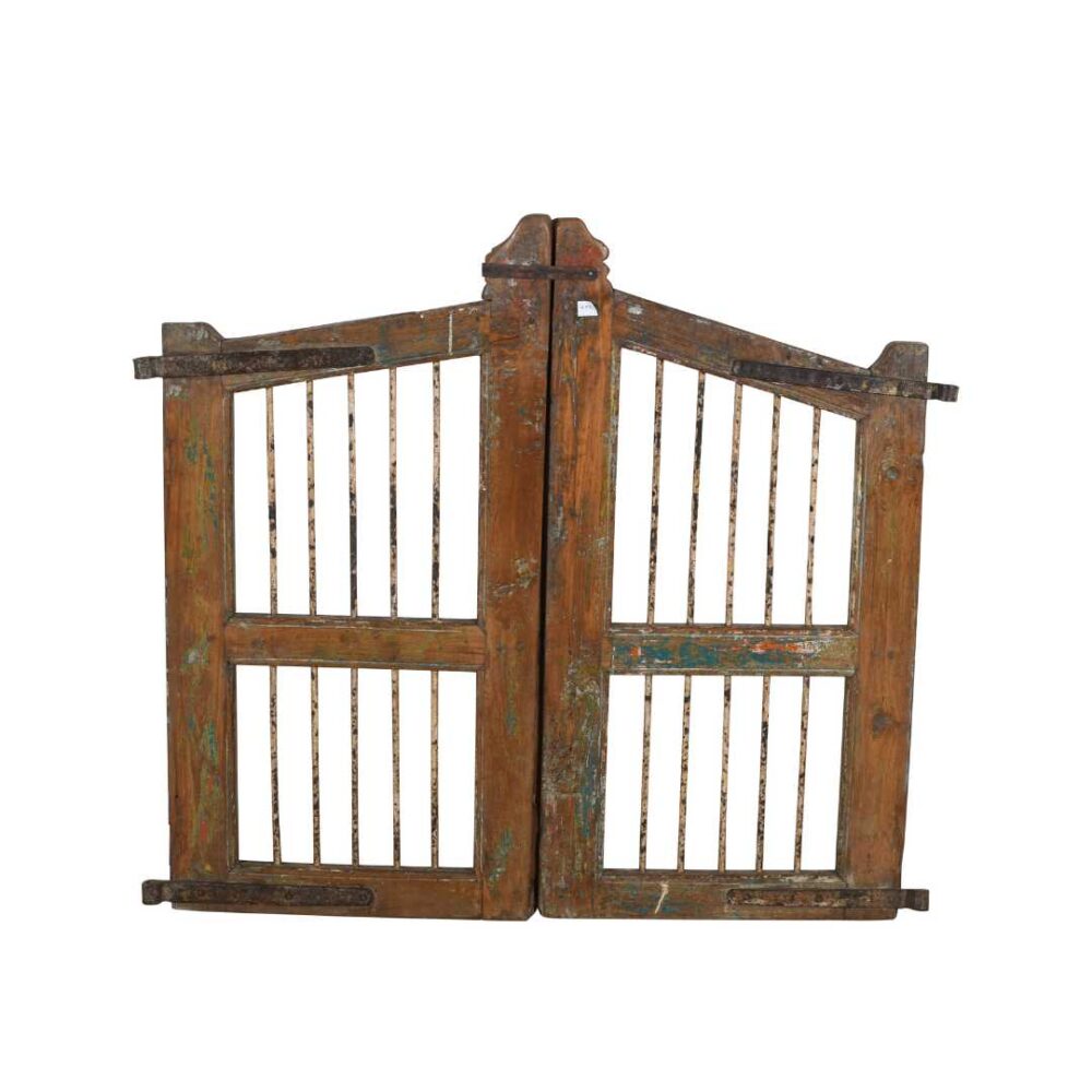 Antique Indian Teak Dog Gates – Rustic Ochre, Verdigris & Terracotta Patina, Gujarat c.1880 - Image 3