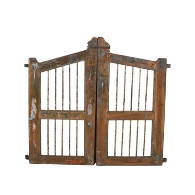 Antique Indian Teak Dog Gates – Rustic Ochre, Verdigris & Terracotta Patina, Gujarat c.1880