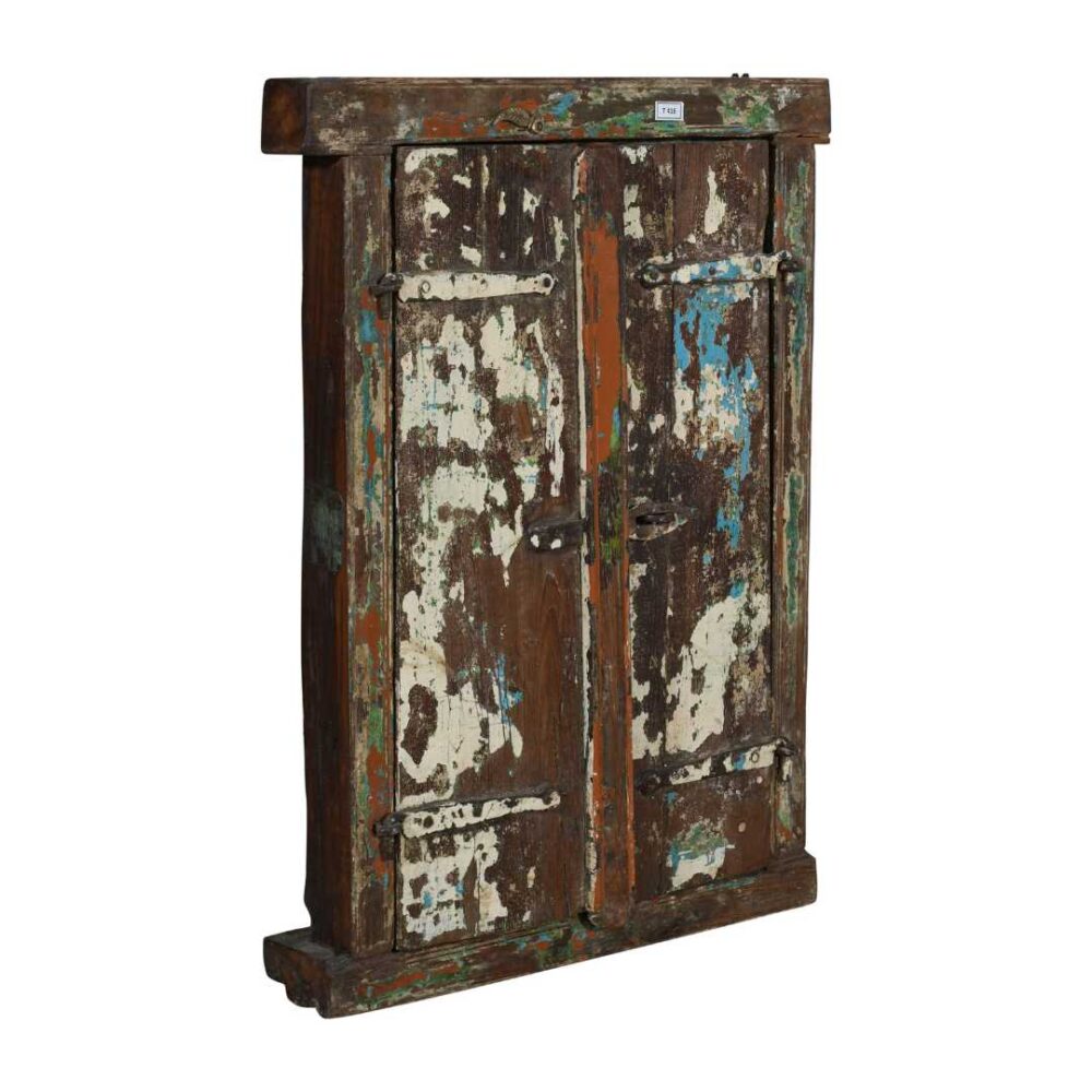 Antique Multi-Coloured Indian Teak Wood Shutter Window Mirror - Weathered Blue White Green Paint - Image 2