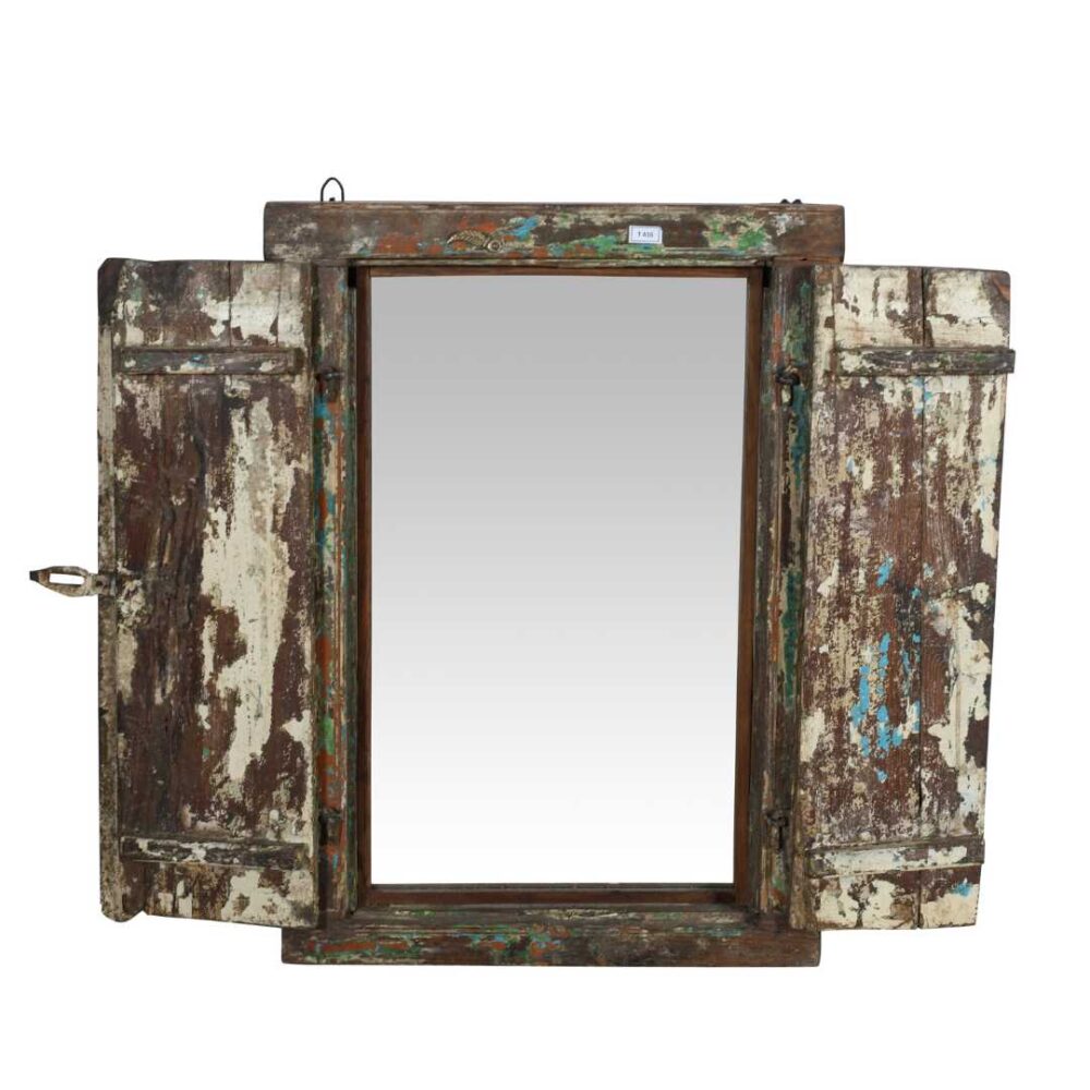 Antique Multi-Coloured Indian Teak Wood Shutter Window Mirror - Weathered Blue White Green Paint - Image 4