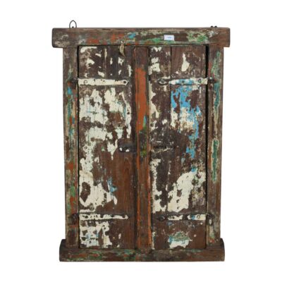 Antique Multi-Coloured Indian Teak Wood Shutter Window Mirror - Weathered Blue White Green Paint