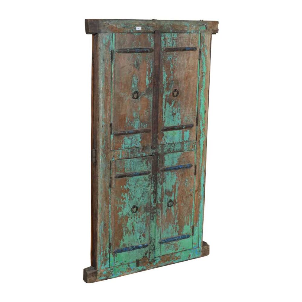 Antique Turquoise & Teak Double Shutter Mirror – Original Indian Patina - Image 2