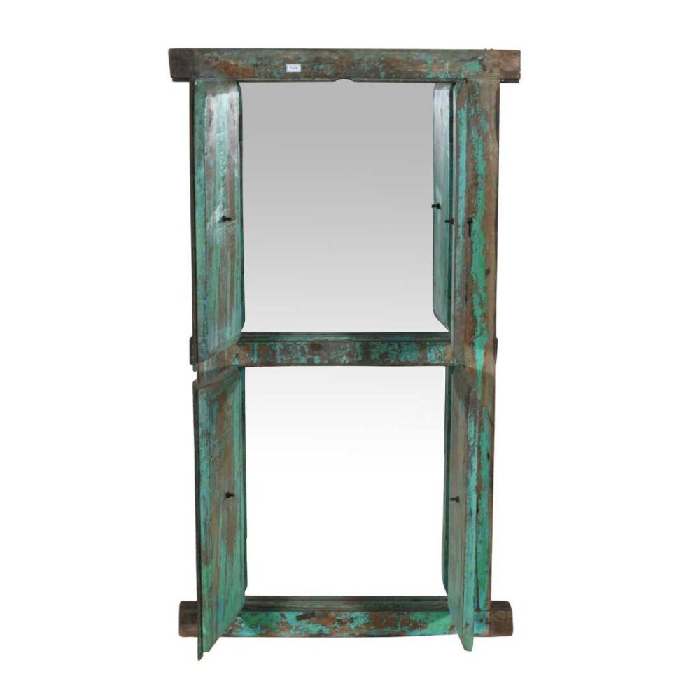 Antique Turquoise & Teak Double Shutter Mirror – Original Indian Patina - Image 3