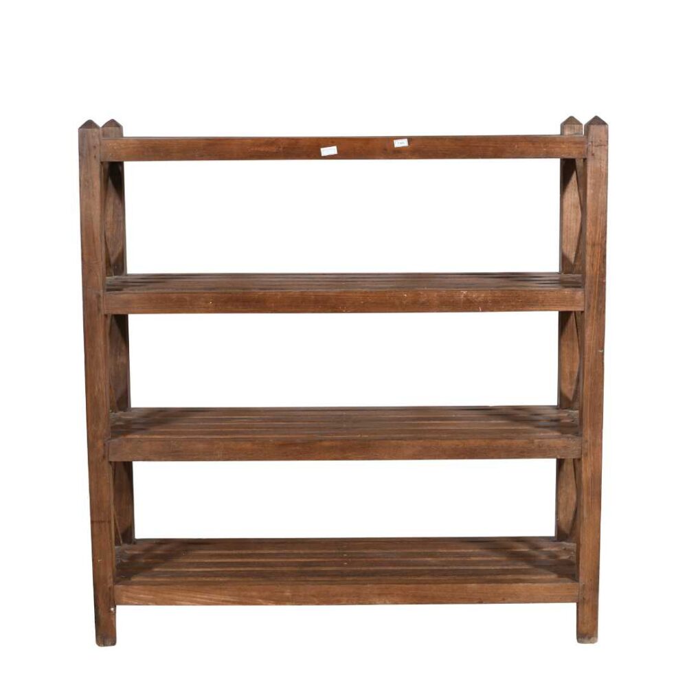 Antique Deep Walnut Teak Wood Industrial Kitchen Storage Pan Rack – Early 1900s - Image 4