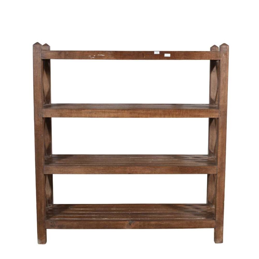 Antique Rich Chestnut Teak Wood Industrial Kitchen Pan Rack – 4 Tier c1900s - Image 2