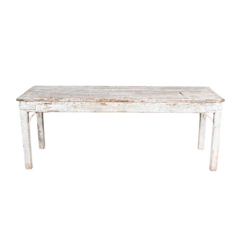 Antique Whitewashed Teak Patak Work Bench – 1880s Industrial Kitchen Table - Image 3
