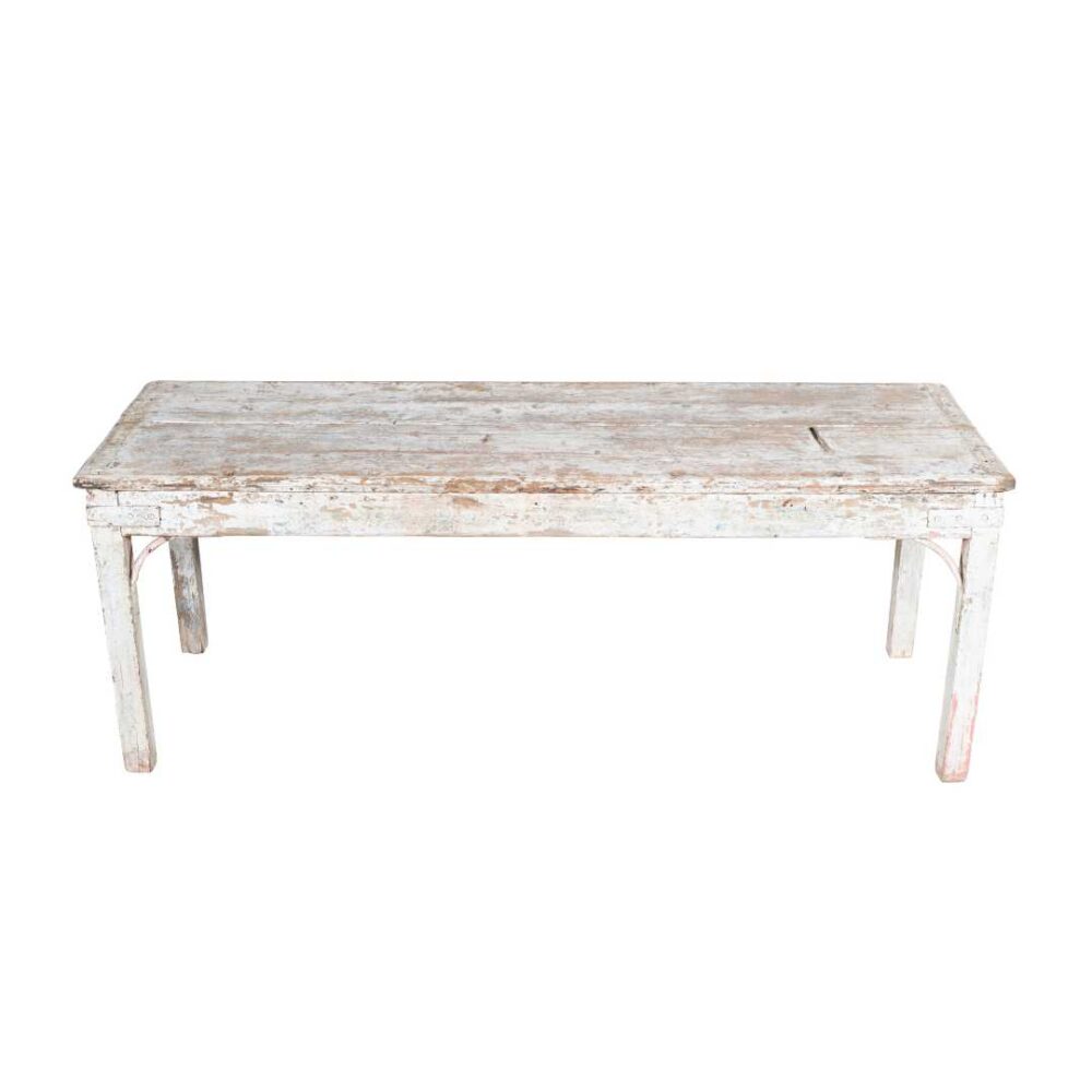 Antique Whitewashed Teak Patak Work Bench – 1880s Industrial Kitchen Table - Image 2