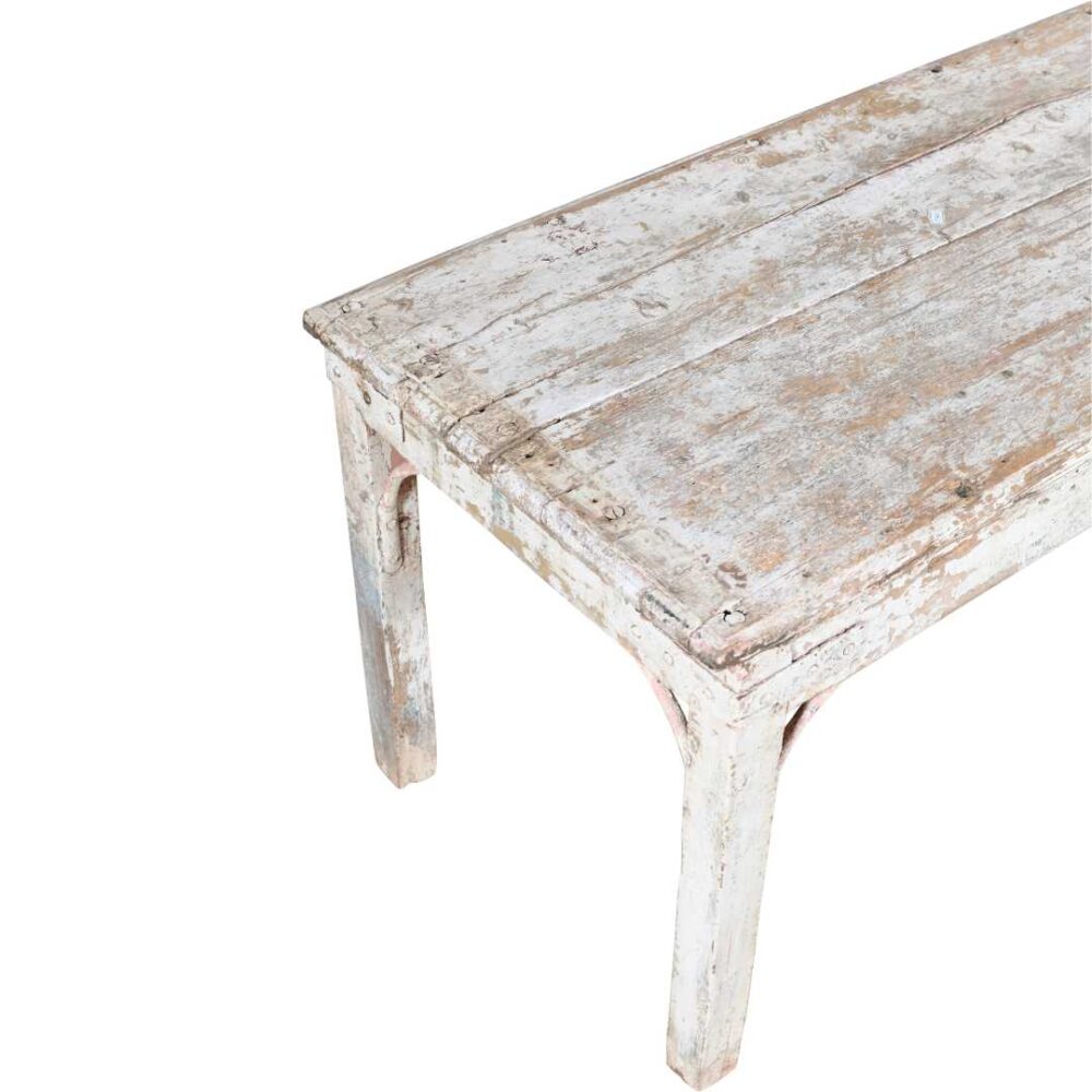 Antique Whitewashed Teak Patak Work Bench – 1880s Industrial Kitchen Table - Image 4
