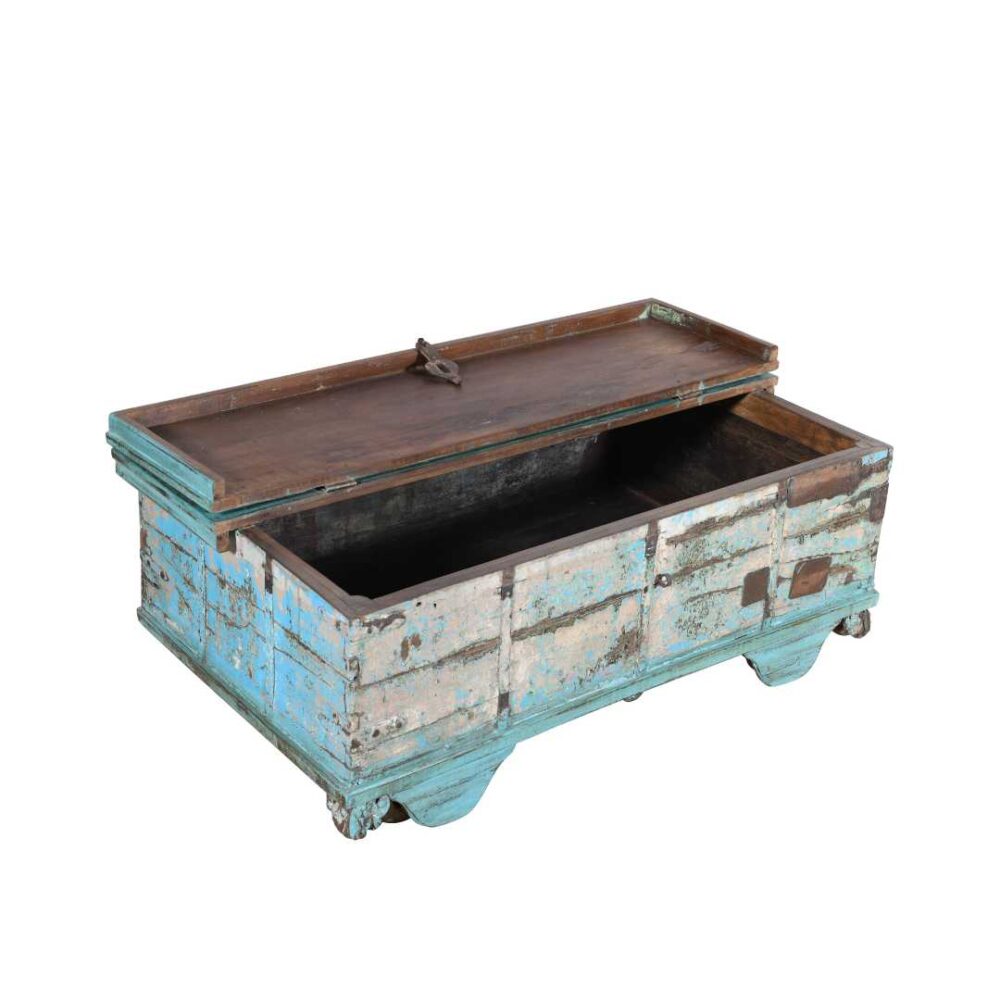 Antique Blue Patina Teak Wood Surti Coffee Table Chest – c1860 Gujarat - Image 5