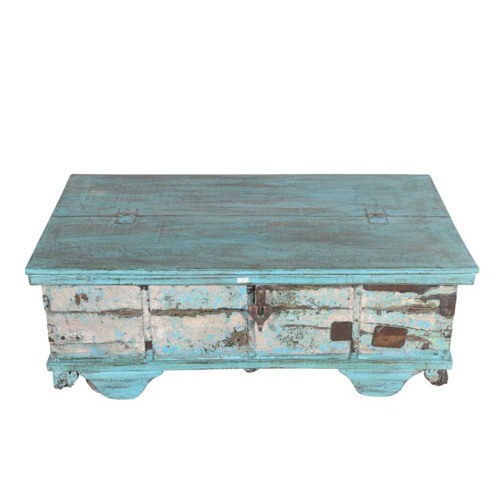 Antique Blue Patina Teak Wood Surti Coffee Table Chest – c1860 Gujarat - Image 4