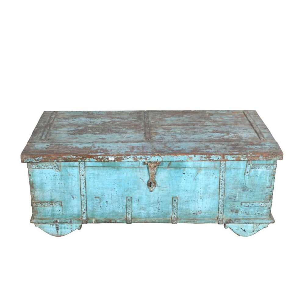 Antique Turquoise Blue Teak Surti Coffee Table Chest – Gujarat c1860 - Image 5