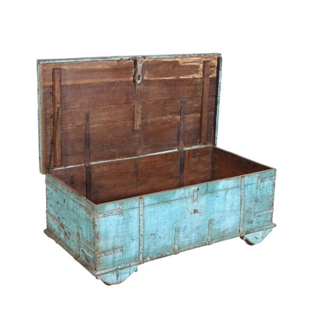 Antique Turquoise Blue Teak Surti Coffee Table Chest – Gujarat c1860 - Image 2