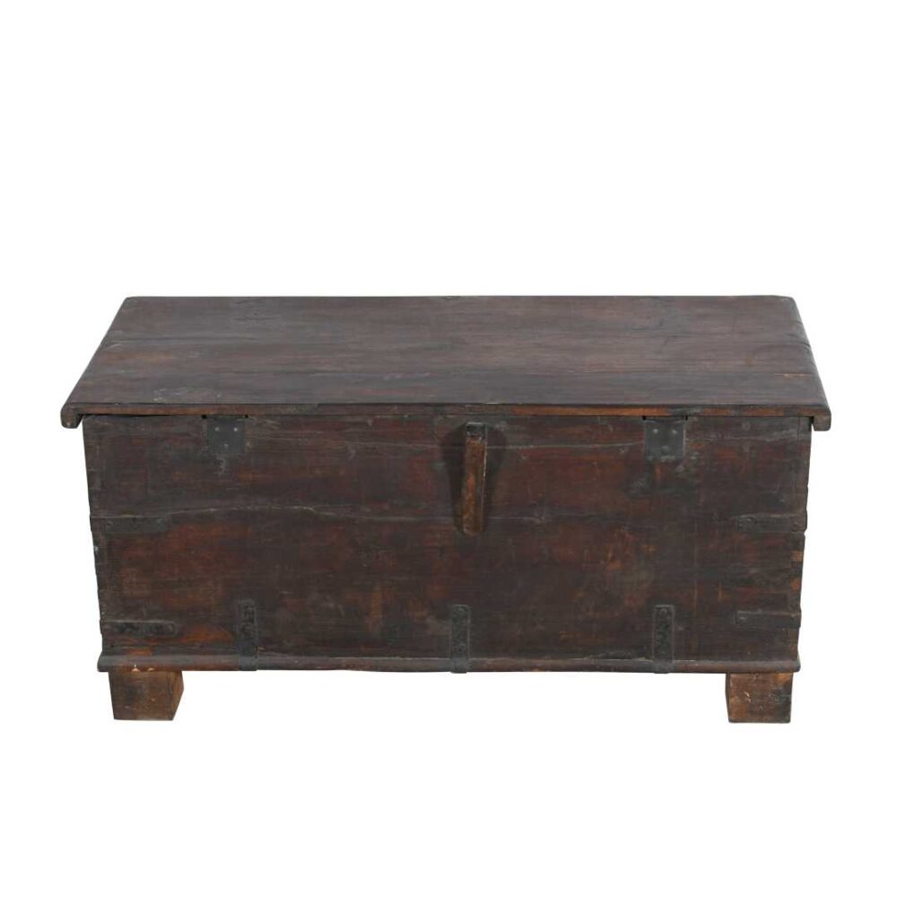 Antique Dark Walnut Teak Dowry Treasure Chest Coffee Side Table – Gujarat c1800s - Image 5