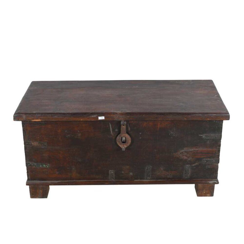 Antique Dark Walnut Teak Dowry Treasure Chest Coffee Side Table – Gujarat c1800s - Image 2