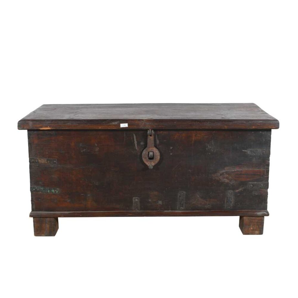 Antique Dark Walnut Teak Dowry Treasure Chest Coffee Side Table – Gujarat c1800s - Image 3