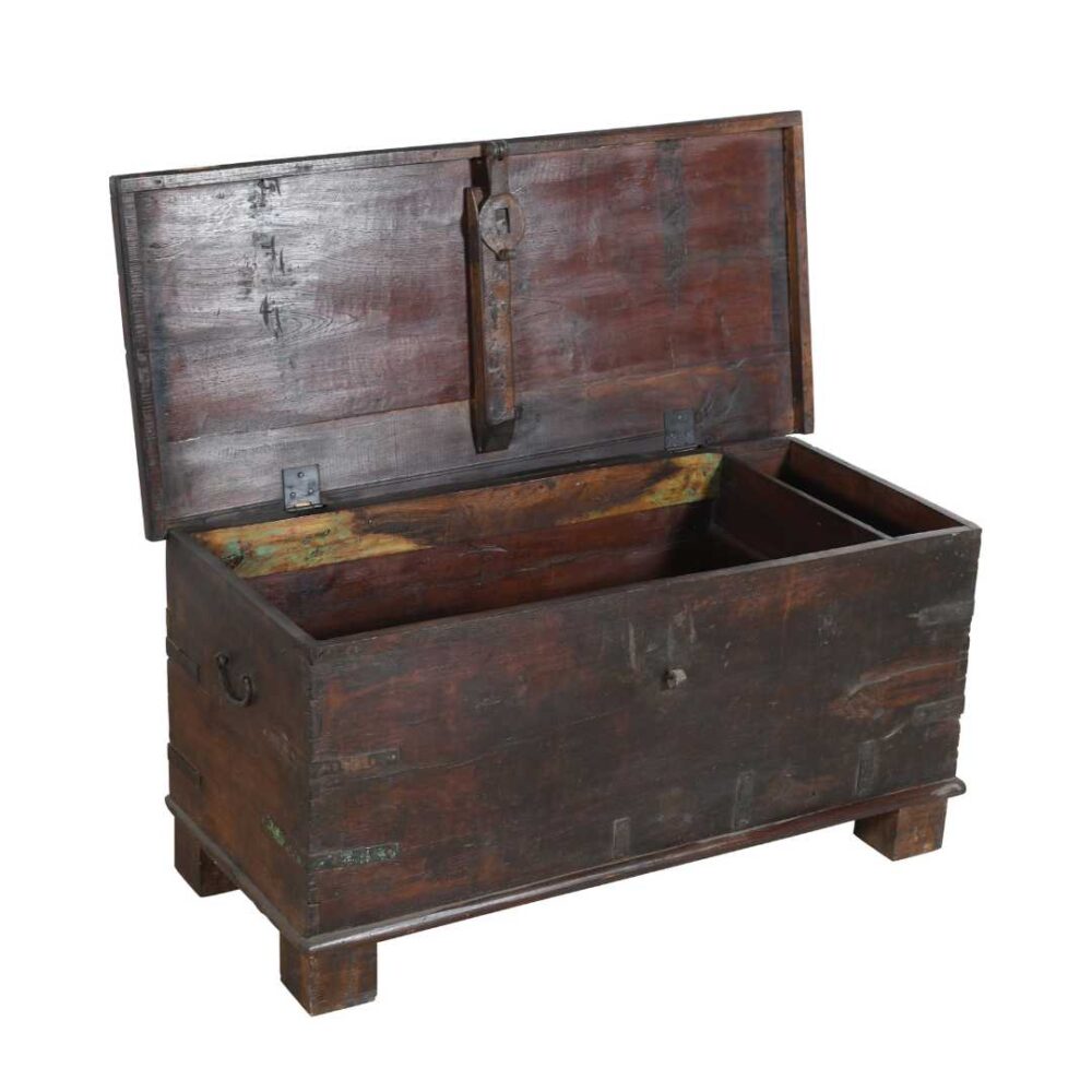 Antique Dark Walnut Teak Dowry Treasure Chest Coffee Side Table – Gujarat c1800s - Image 4