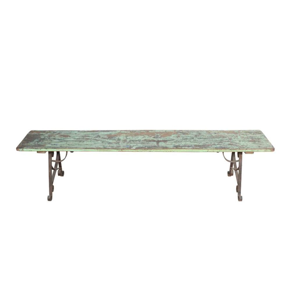 Antique Mint Green & Rustic Brown Teak Wood and Iron Garden or Hall Bench – Rajasthan c1900 - Image 2