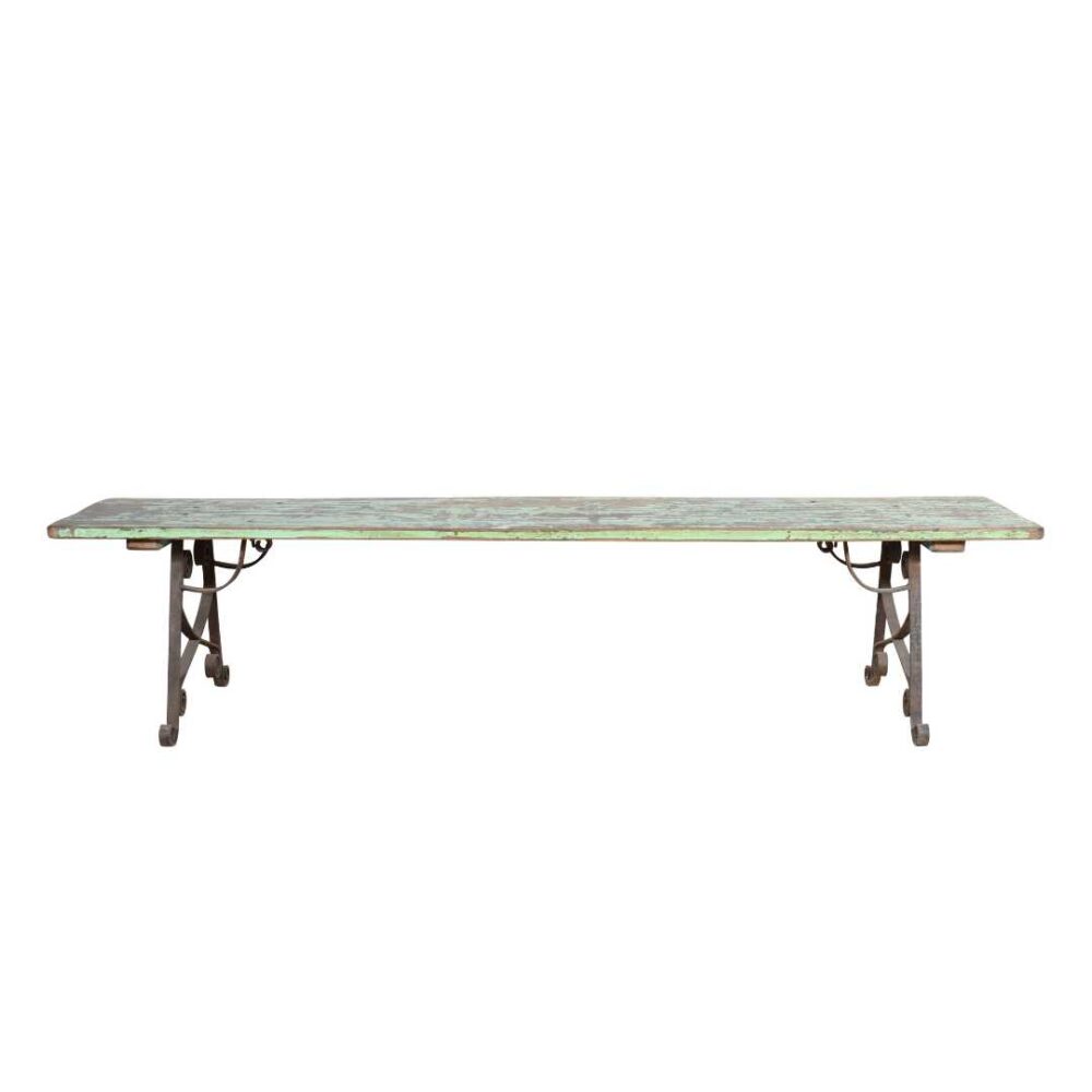 Antique Mint Green & Rustic Brown Teak Wood and Iron Garden or Hall Bench – Rajasthan c1900 - Image 3