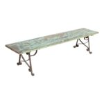 Antique Mint Green & Rustic Brown Teak Wood and Iron Garden or Hall Bench – Rajasthan c1900