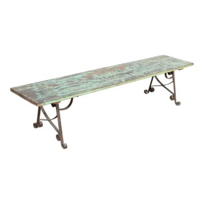 Antique Mint Green & Rustic Brown Teak Wood and Iron Garden or Hall Bench – Rajasthan c1900