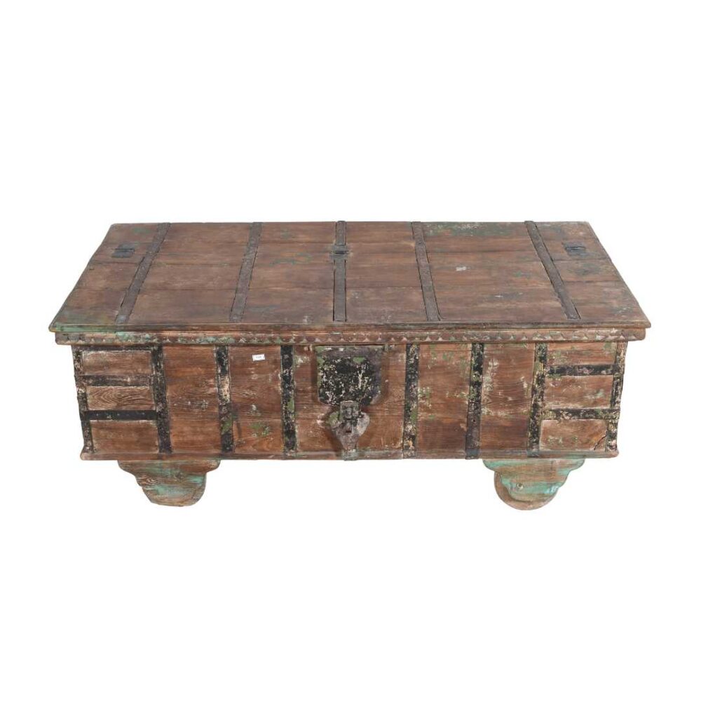 Antique Teak & Verdigris Green Surti Coffee Table Chest – Gujarat c1860 - Image 5