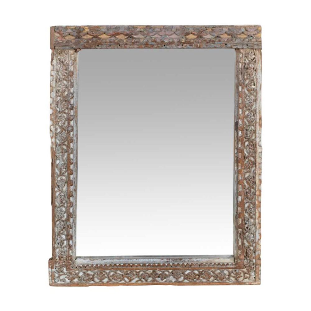 Vintage Teak & Faded Pastel Floral Carved Wall Mirror – Rajasthan c19th Century