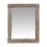 Vintage Teak & Faded Pastel Floral Carved Wall Mirror – Rajasthan c19th Century